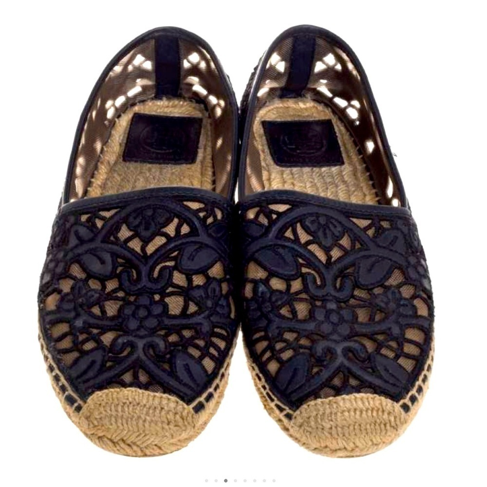 TORY BURCH Black Lace Espadrille Flats